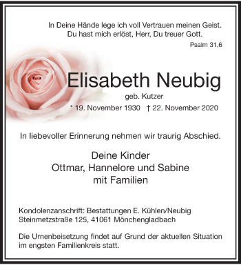 Traueranzeige von Elisabeth Neubig von trauer.extra-tipp-moenchengladbach.de