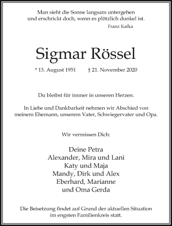 Traueranzeige von Sigmar Rössel von trauer.extra-tipp-moenchengladbach.de