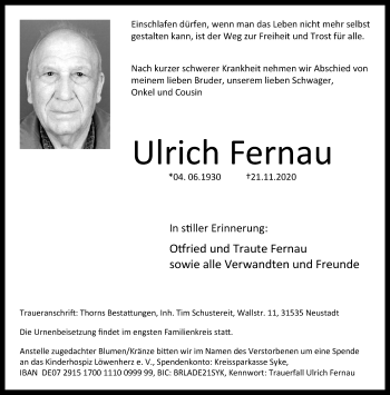 Traueranzeige von Ulrich Fernau von trauer.mein.krefeld.de