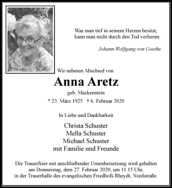 Traueranzeige von Anna Aretz von trauer.extra-tipp-moenchengladbach.de