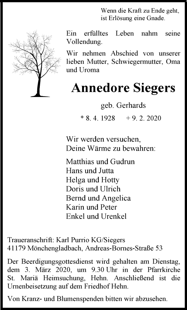  Traueranzeige für Annedore Siegers vom 01.03.2020 aus trauer.extra-tipp-moenchengladbach.de