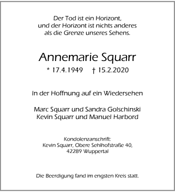 Traueranzeige von Annemarie Squarr von trauer.wuppertaler-rundschau.de