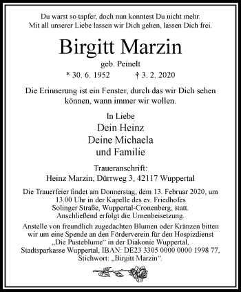 Traueranzeige von Birgitt Marzin von trauer.wuppertaler-rundschau.de