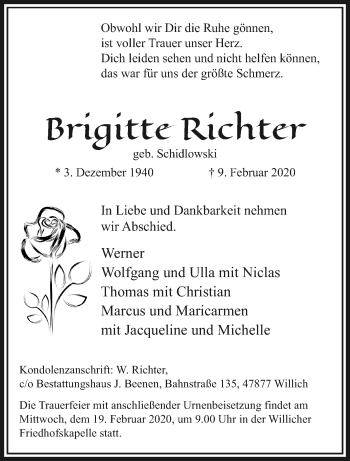 Traueranzeige von Brigitte Richter von trauer.extra-tipp-moenchengladbach.de