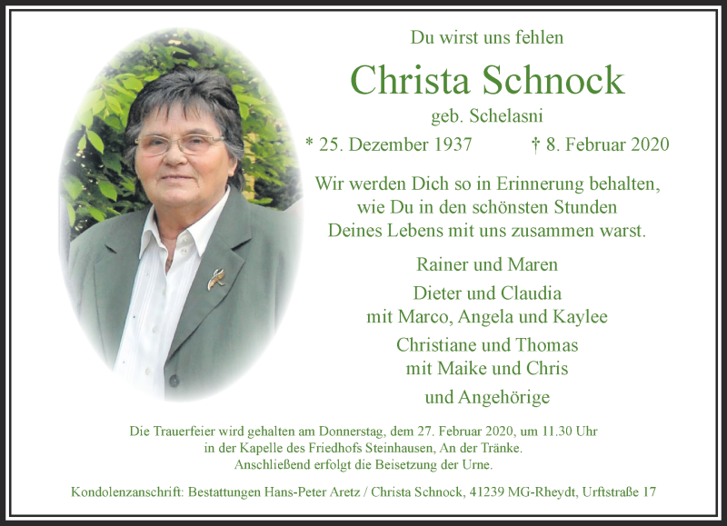  Traueranzeige für Christa Schnock vom 16.02.2020 aus trauer.extra-tipp-moenchengladbach.de
