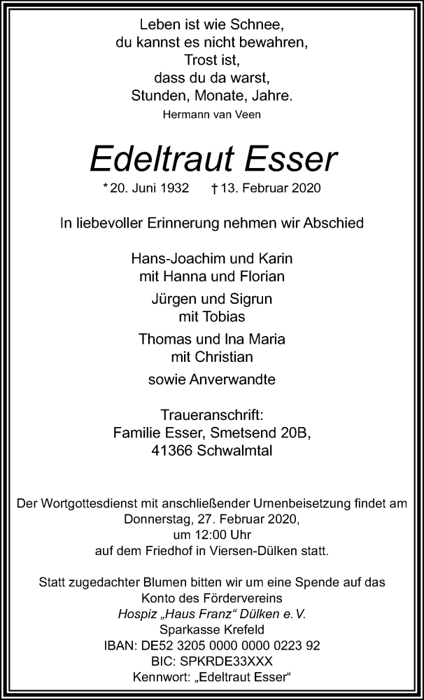  Traueranzeige für Edeltraut Esser vom 23.02.2020 aus trauer.extra-tipp-moenchengladbach.de