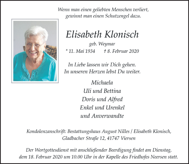  Traueranzeige für Elisabeth Klonisch vom 16.02.2020 aus trauer.extra-tipp-moenchengladbach.de