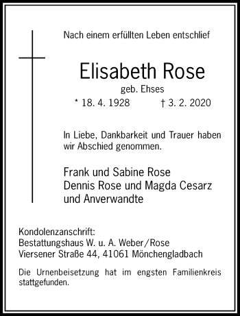 Traueranzeige von Elisabeth Rose von trauer.extra-tipp-moenchengladbach.de