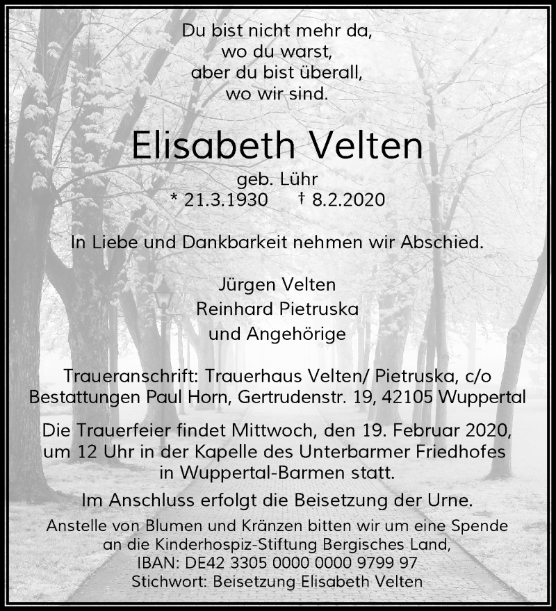  Traueranzeige für Elisabeth Velten vom 15.02.2020 aus trauer.wuppertaler-rundschau.de