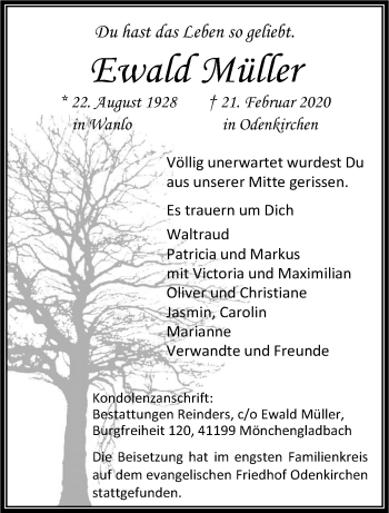 Traueranzeige von Ewald Müller von trauer.extra-tipp-moenchengladbach.de