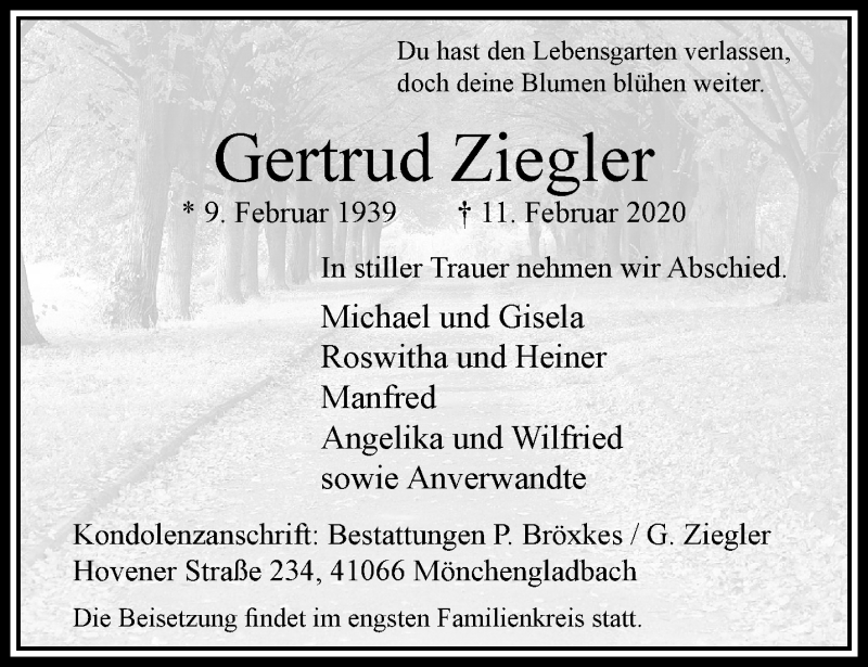  Traueranzeige für Gertrud Ziegler vom 16.02.2020 aus trauer.extra-tipp-moenchengladbach.de