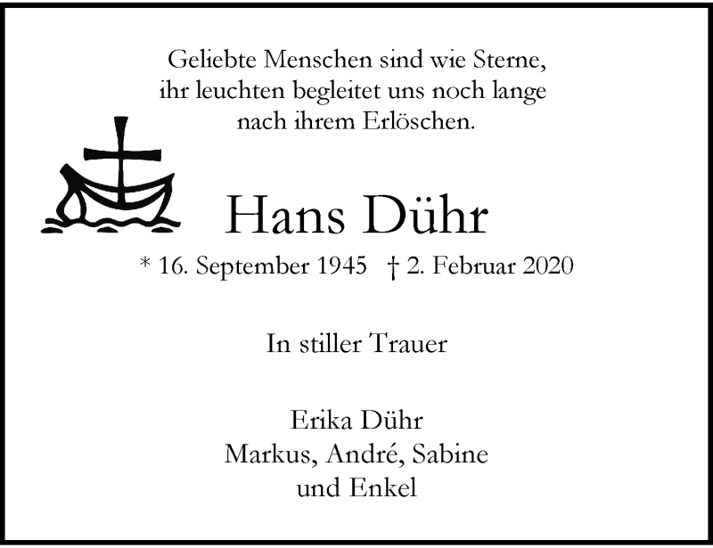  Traueranzeige für HAns Dühr vom 08.02.2020 aus trauer.wuppertaler-rundschau.de