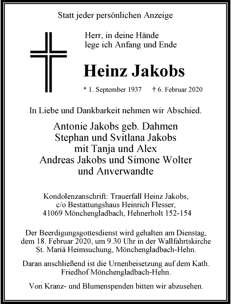  Traueranzeige für Heinz Jakobs vom 16.02.2020 aus trauer.extra-tipp-moenchengladbach.de