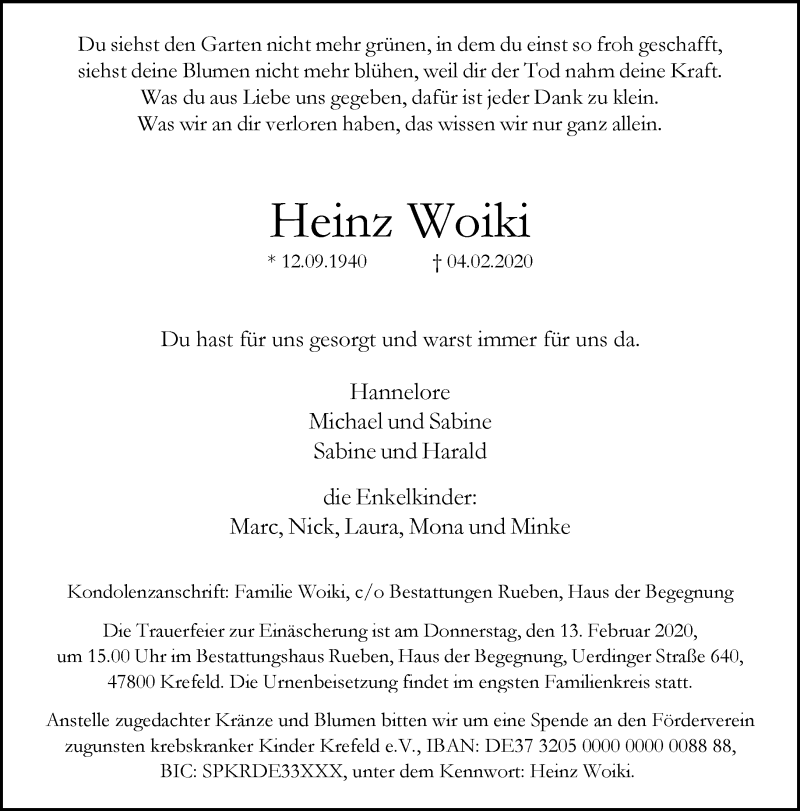  Traueranzeige für Heinz Woiki vom 09.02.2020 aus trauer.mein.krefeld.de