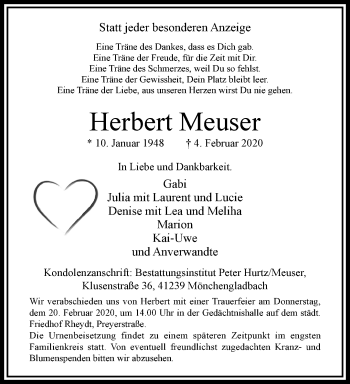 Traueranzeige von Herbert Meuser von trauer.extra-tipp-moenchengladbach.de