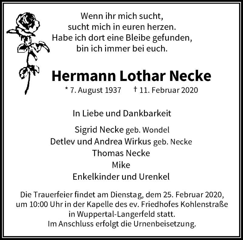  Traueranzeige für Hermann Lothar Necke vom 22.02.2020 aus trauer.wuppertaler-rundschau.de