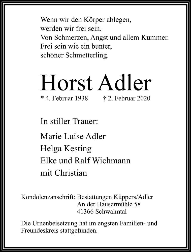  Traueranzeige für Horst Adler vom 16.02.2020 aus trauer.extra-tipp-moenchengladbach.de
