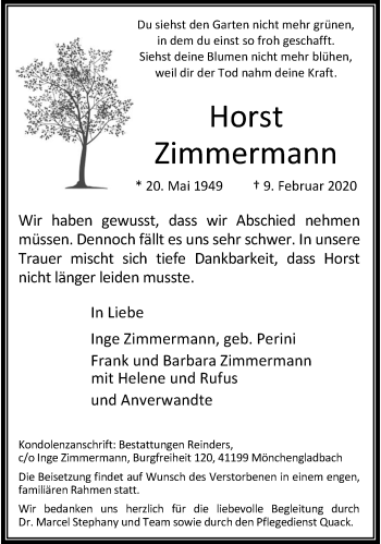 Traueranzeige von Horst Zimmermann von trauer.extra-tipp-moenchengladbach.de