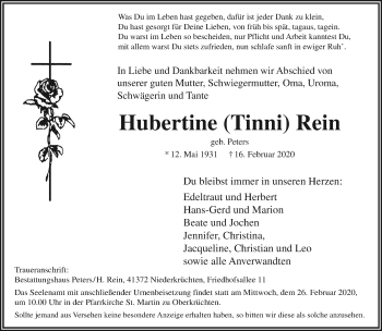 Traueranzeige von Hubertine Rein von trauer.extra-tipp-moenchengladbach.de