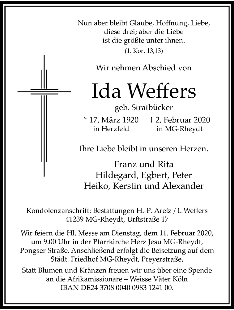  Traueranzeige für Ida Weffers vom 09.02.2020 aus trauer.extra-tipp-moenchengladbach.de