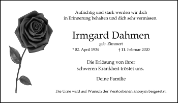 Traueranzeige von Irmgard Dahmen von trauer.mein.krefeld.de