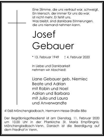 Traueranzeige von Josef Gebauer von trauer.extra-tipp-moenchengladbach.de
