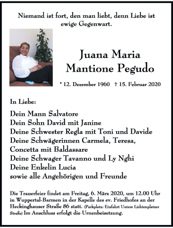 Traueranzeige von Juana Maria Mantione Pegudo von trauer.wuppertaler-rundschau.de