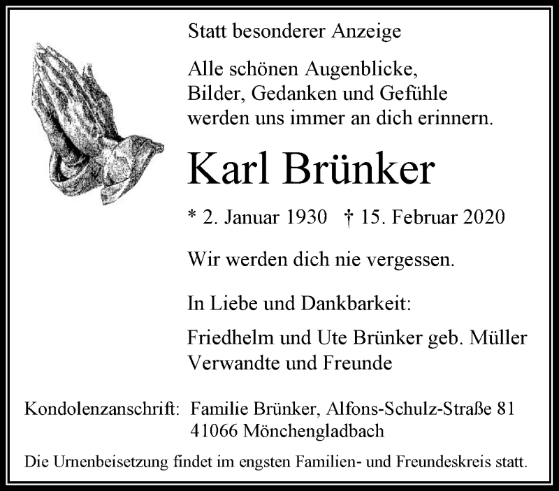  Traueranzeige für Karl Brünker vom 23.02.2020 aus trauer.extra-tipp-moenchengladbach.de