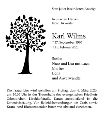Traueranzeige von Karl Wilms von trauer.extra-tipp-moenchengladbach.de