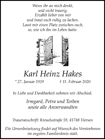 Traueranzeige von Karl Heinz Hakes von trauer.extra-tipp-moenchengladbach.de