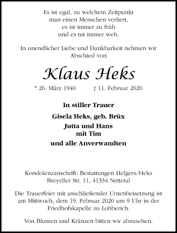 Traueranzeige von Klaus Heks von trauer.extra-tipp-moenchengladbach.de