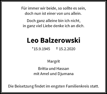 Traueranzeige von Leo Balzerowski von trauer.wuppertaler-rundschau.de