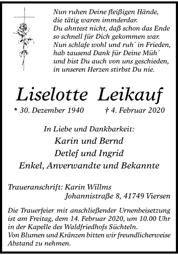 Traueranzeige von Liselotte Leikauf von trauer.extra-tipp-moenchengladbach.de