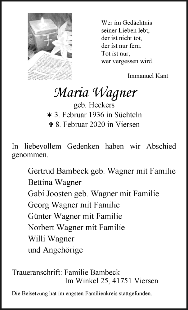  Traueranzeige für Maria Wagner vom 16.02.2020 aus trauer.extra-tipp-moenchengladbach.de