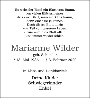 Traueranzeige von Marianne Wilder von trauer.extra-tipp-moenchengladbach.de