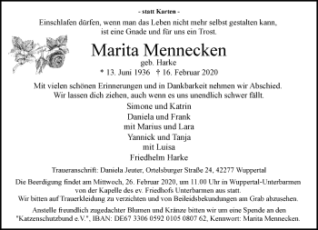 Traueranzeige von Marita Mennecken von trauer.wuppertaler-rundschau.de