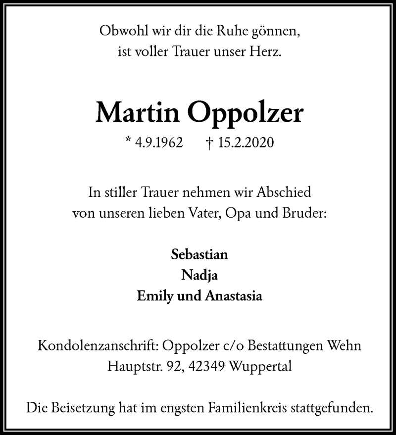  Traueranzeige für Martin Oppolzer vom 29.02.2020 aus trauer.wuppertaler-rundschau.de