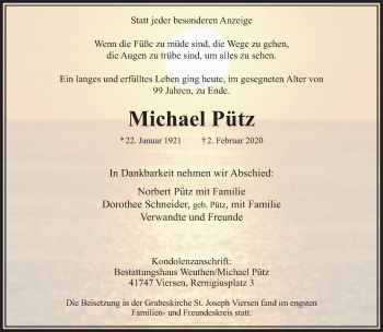 Traueranzeige von Michael Pütz von trauer.extra-tipp-moenchengladbach.de