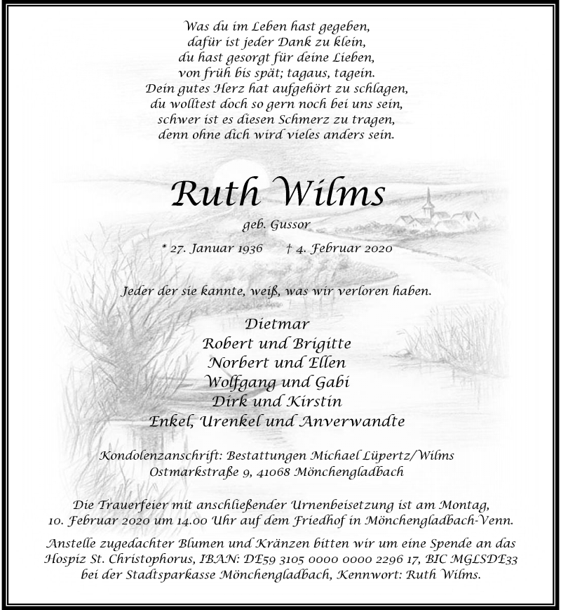  Traueranzeige für Ruth Wilms vom 09.02.2020 aus trauer.extra-tipp-moenchengladbach.de