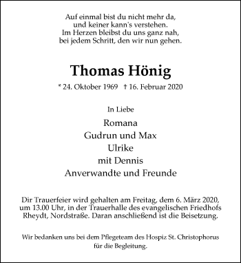 Traueranzeige von Thomas Hönig von trauer.extra-tipp-moenchengladbach.de