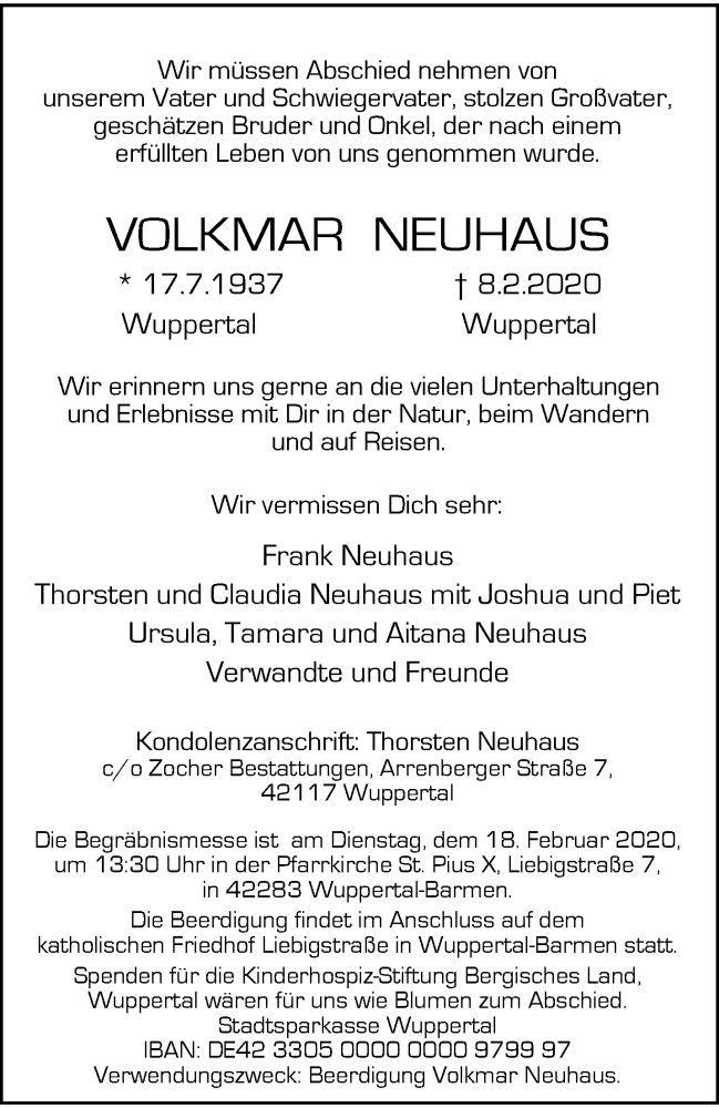  Traueranzeige für Volkmar Neuhaus vom 15.02.2020 aus trauer.wuppertaler-rundschau.de