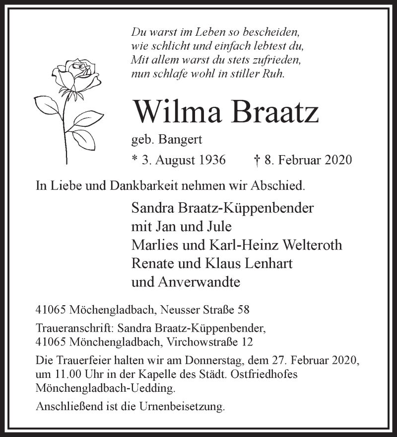  Traueranzeige für Wilma Braatz vom 23.02.2020 aus trauer.extra-tipp-moenchengladbach.de
