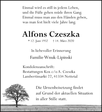 Traueranzeige von Alfons Czeszka von trauer.extra-tipp-moenchengladbach.de