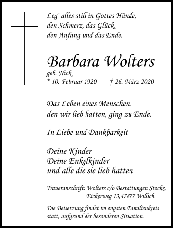 Traueranzeige von Barbara Wolters von trauer.extra-tipp-moenchengladbach.de