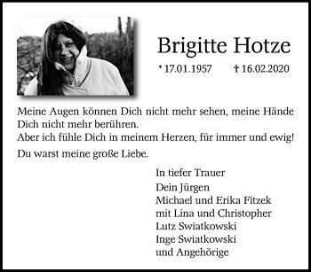 Traueranzeige von Brigitte Hotze von trauer.mein.krefeld.de