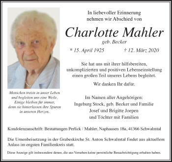 Traueranzeige von Charlotte Mahler von trauer.extra-tipp-moenchengladbach.de