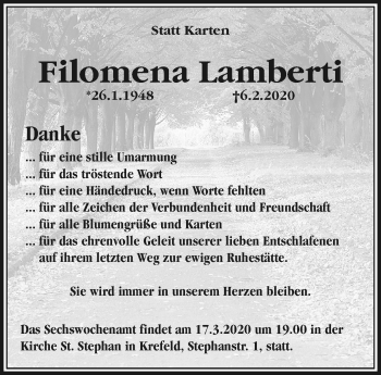 Traueranzeige von Filomena Lamberti von trauer.mein.krefeld.de