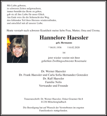 Traueranzeige von Hannelore Haessler von trauer.extra-tipp-moenchengladbach.de