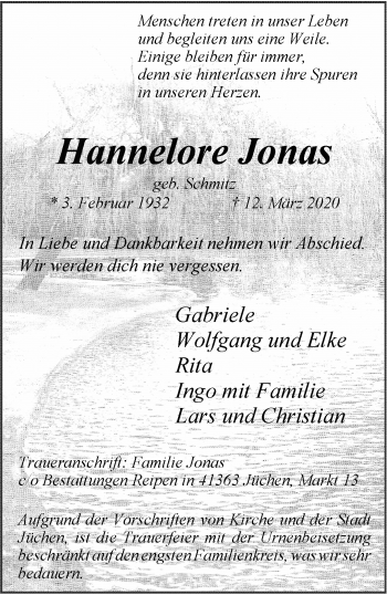 Traueranzeige von Hannelore Jonas von trauer.stadt-kurier.de