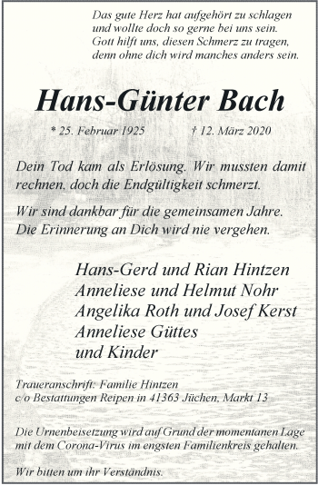 Traueranzeige von Hans-Günter Bach von trauer.stadt-kurier.de